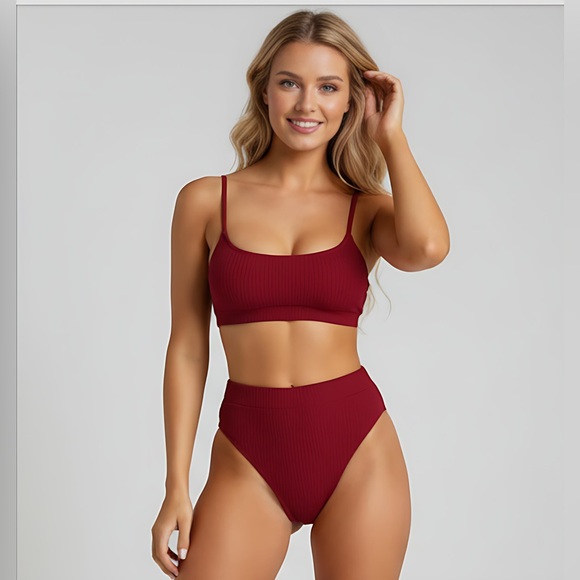 Burgundy Ribbed High Waist 2pc Bikini Swim Suit Bathing Suit - Picture 1 of 7